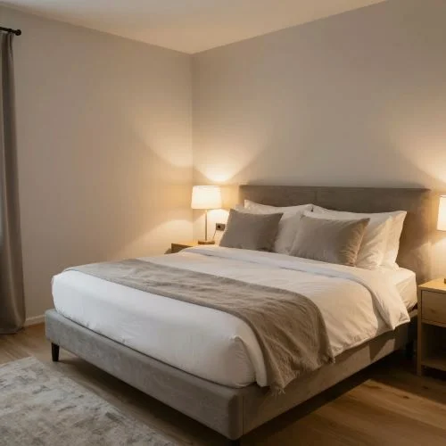 KI-Architekturrendering, erstellt mit QUVIAI: Luxury bedroom, large headboard panel, soft textures, warm lighting, hotel concept