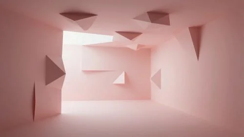 Rendu architectural IA créé avec QUVIAI&nbsp;: Interior architecture made of folded paper, origami-inspired walls and ceilings, impossible geometry, soft pastel lighting, surreal design