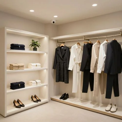 AI architectural render created with QUVIAI: Luxury dressing room, glass cabinets, LED lighting, premium details