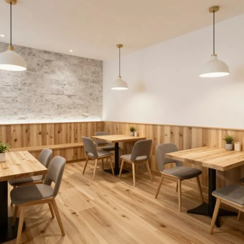 Render architettonico con IA creato con QUVIAI: Modern cafe interior design, combination of wood and concrete, warm ambiance