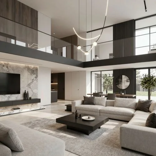 Render arquitectónico con IA creado con QUVIAI: Ultra-realistic interior render, modern villa interior, professional architectural presentation style