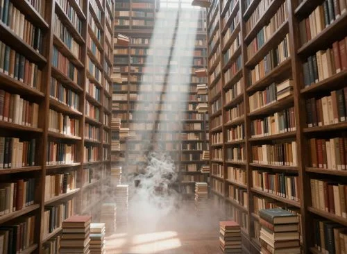 AI architectural render created with QUVIAI: Dream library interior, floating books, endless shelves fading into mist, magical light shafts, fantasy architecture