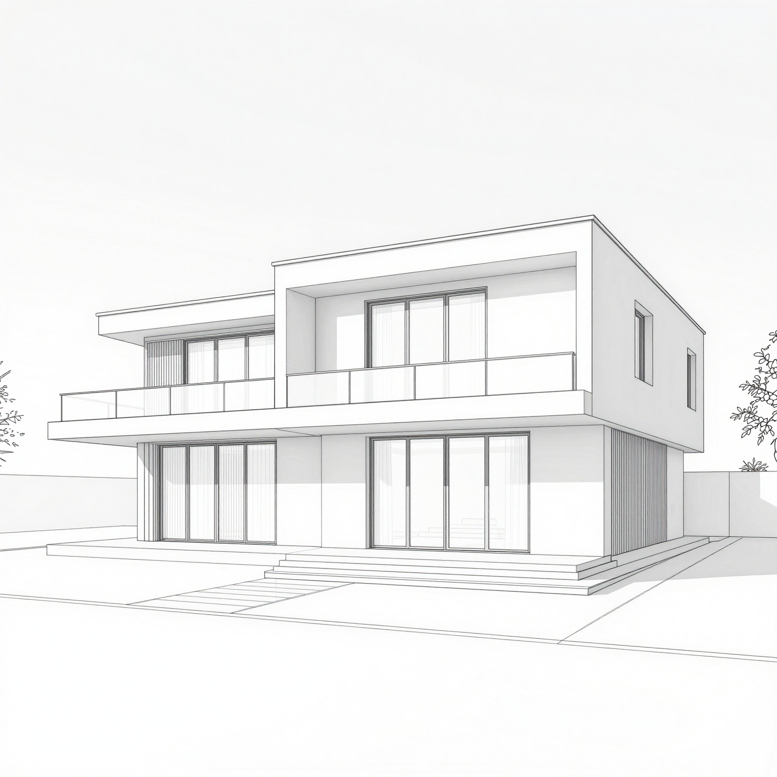 Modern two-story villa architectural sketch drawing