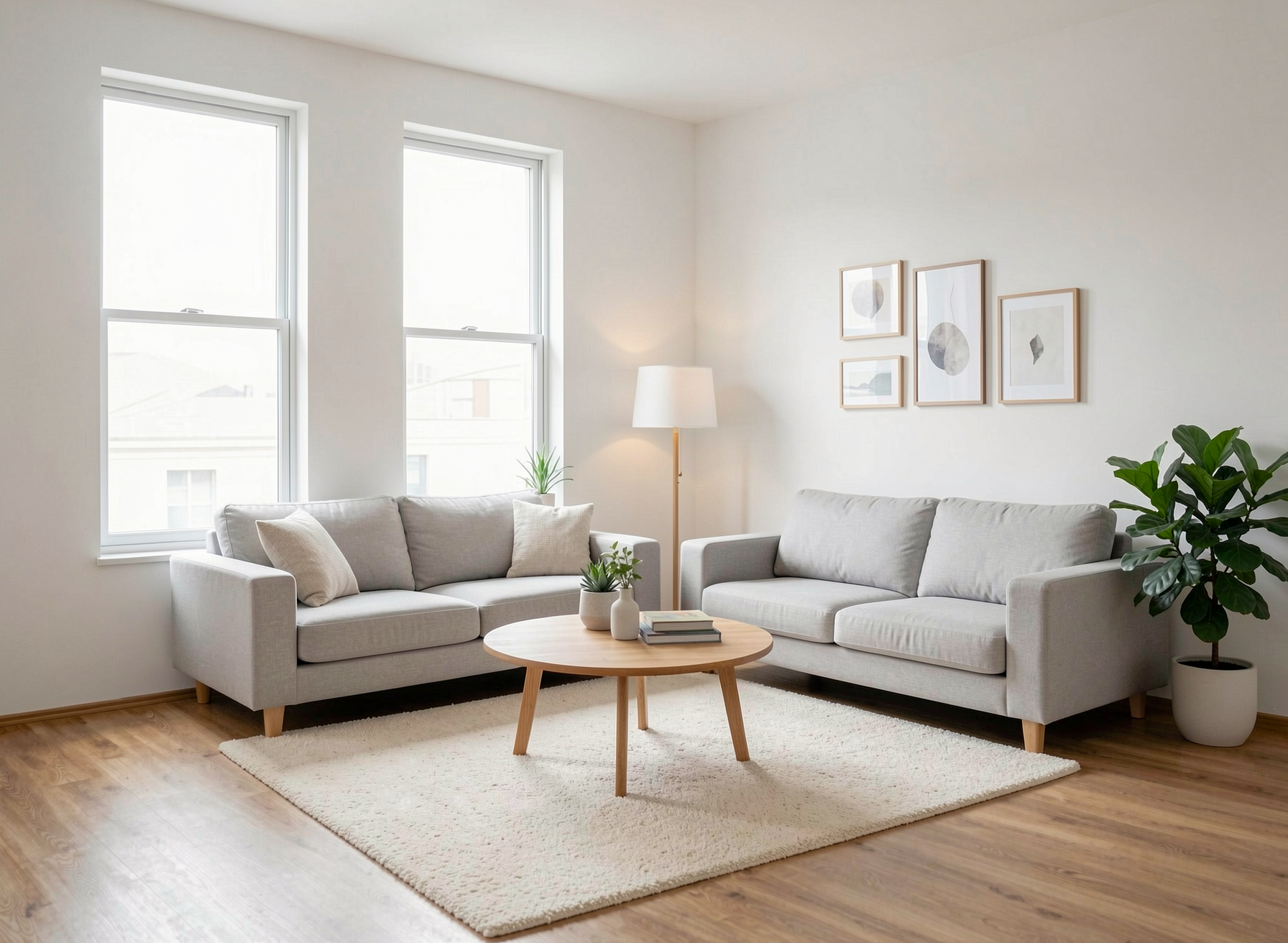 Same living room furnished in Scandinavian style with AI virtual staging