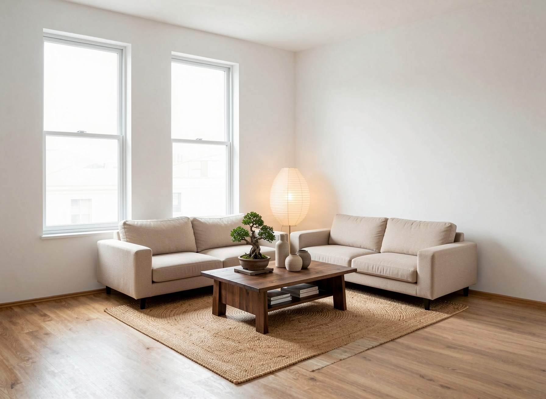 Same empty living room virtually staged in Japandi style with AI