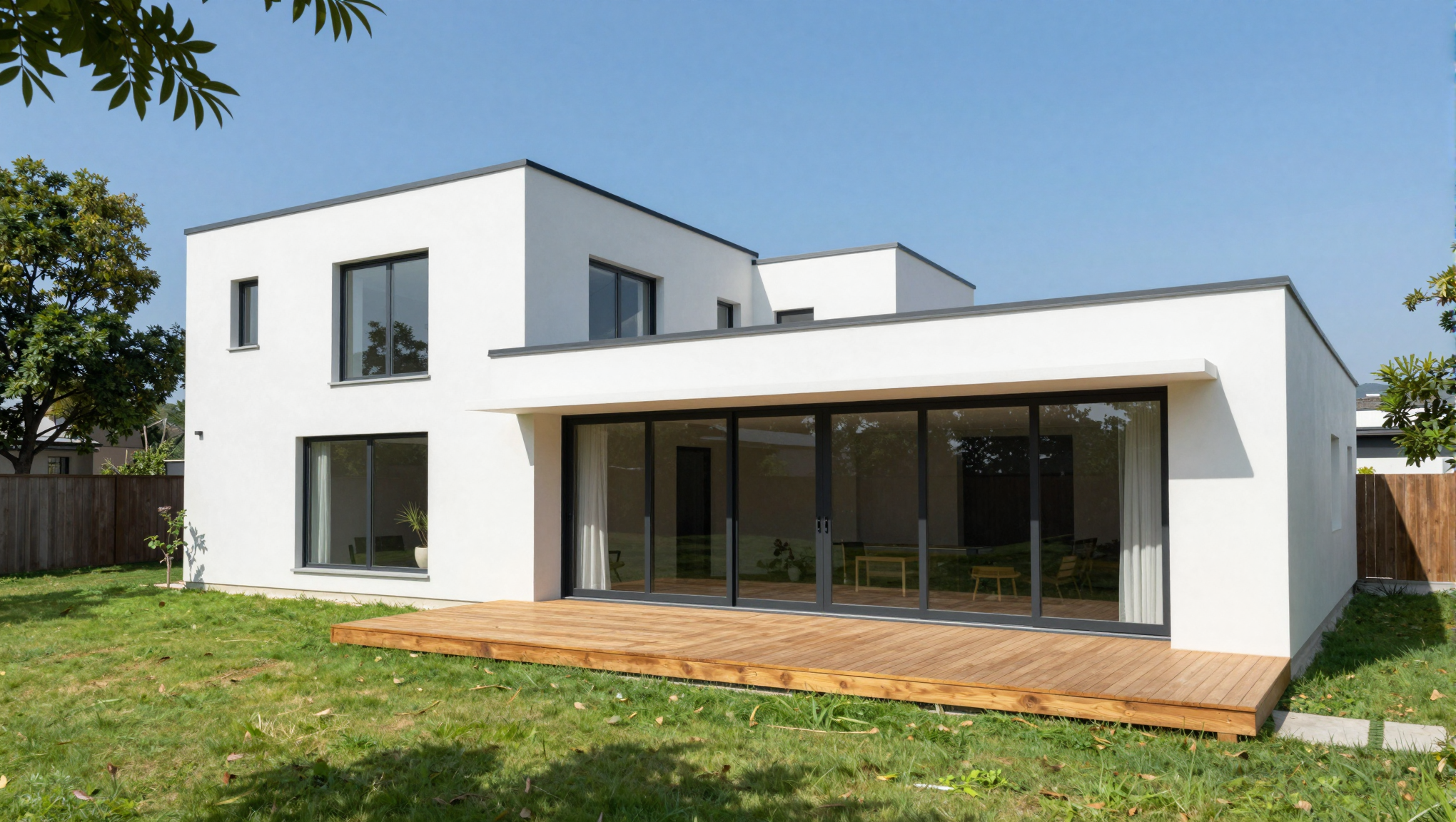 Daytime architectural render of a modern two-story house with white walls and large windows