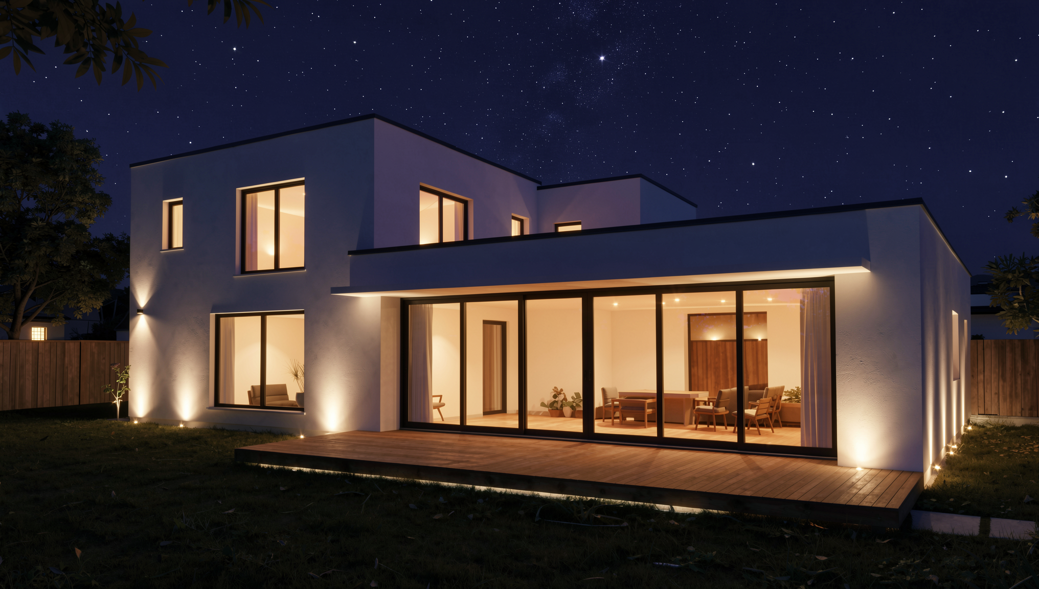 Night render of the same modern house with glowing windows and facade lighting, created with AI