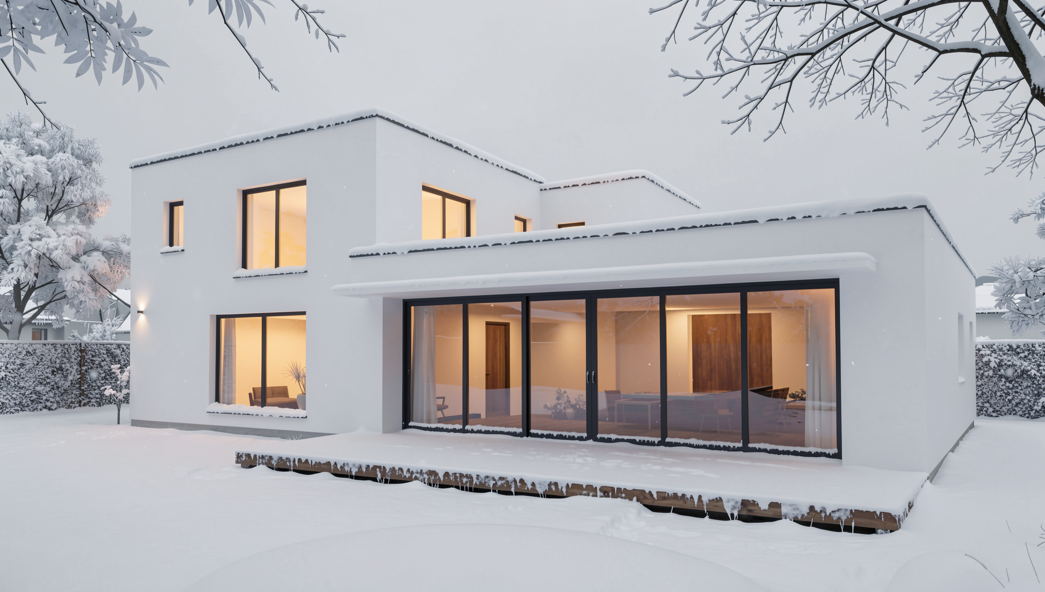 Winter version of the modern house render with snow on the roof and lawn