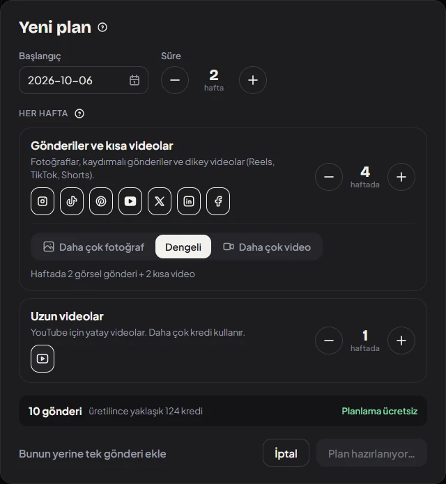 Postcard new plan window with start date, number of weeks, posts per week for each platform, and the estimated credit cost