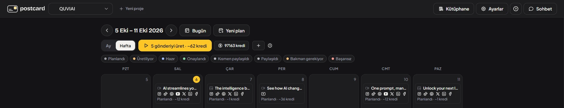 Postcard week view with AI-planned social media posts, their channels, status and credit cost on each day