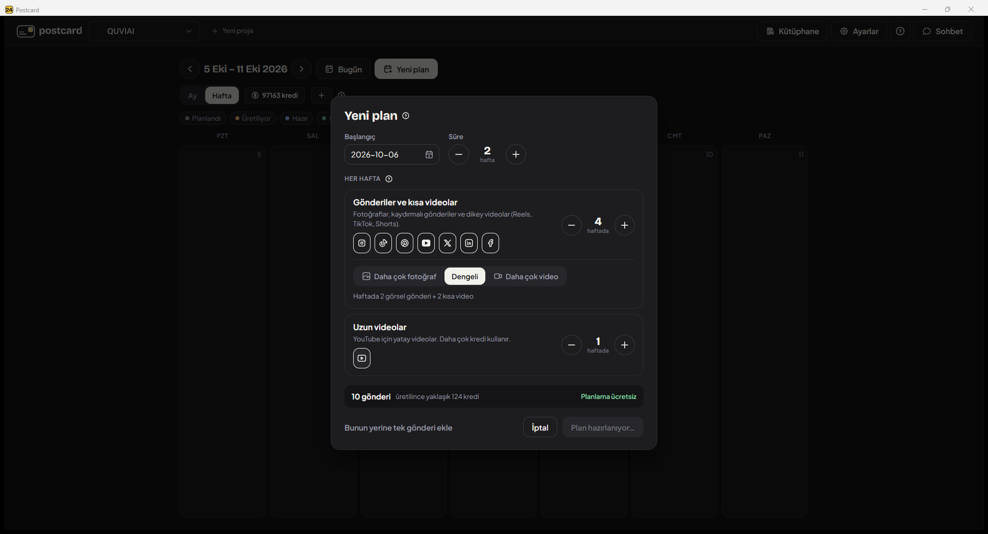 Postcard desktop app with the new plan window open over the weekly calendar