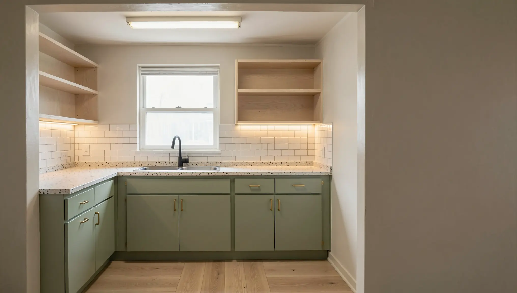 La misma cocina tras una reforma con IA: armarios verde salvia, estantes abiertos de roble, encimera de terrazo, azulejos blancos e iluminación cálida bajo los armarios