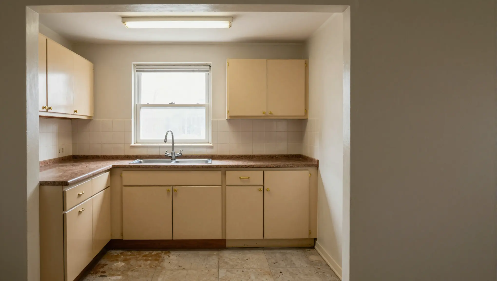 Cocina pequeña anticuada con armarios de laminado beige brillante, encimera de laminado marrón y suelo de vinilo desgastado
