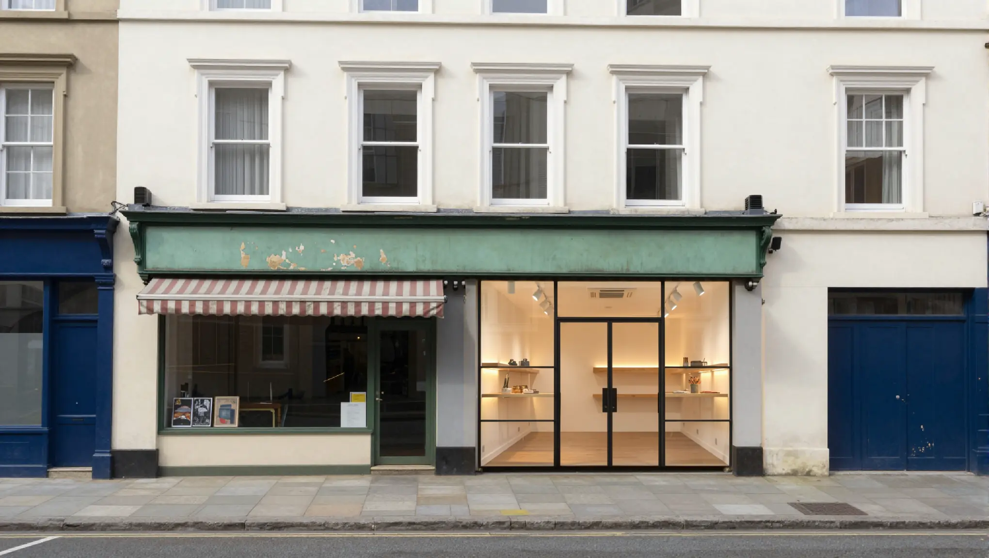 The same building after a masked edit: the shutter bay is now a full-height glazed boutique window with warm interior light