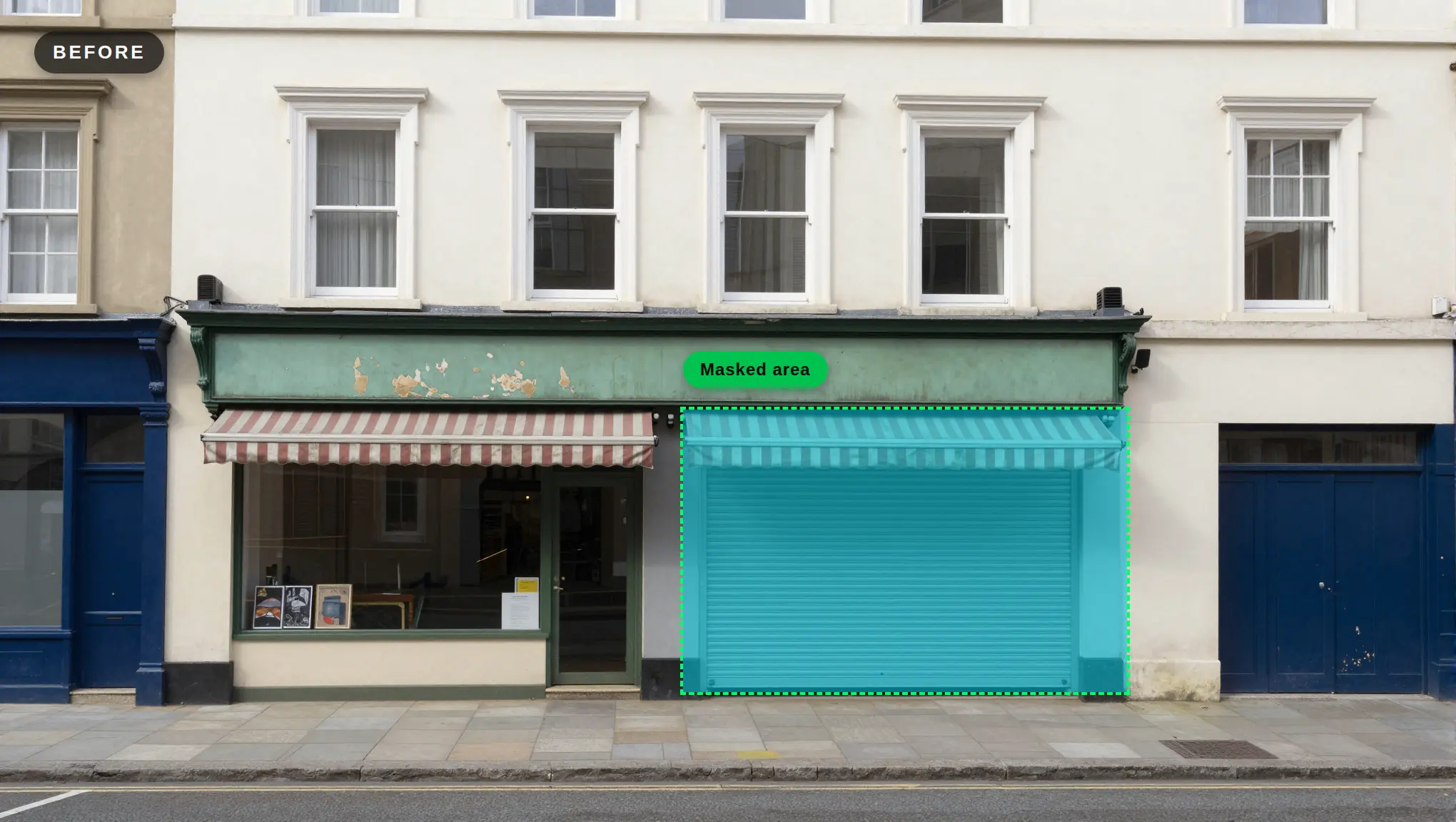 Dated shopfront with striped awnings and a grey roller shutter, with the shutter bay selected as a mask
