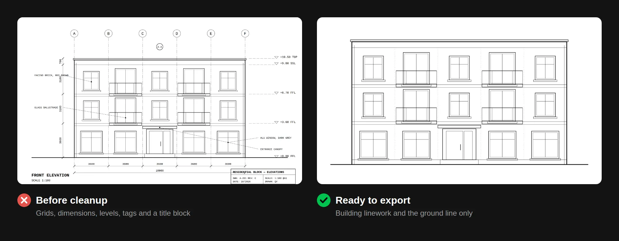 Dieselbe AutoCAD-Ansicht vor und nach der Bereinigung: links mit Rasterkreisen, Bemaßungen, Höhenmarken, Materialtags und Schriftfeld, rechts nur mit den Gebäudelinien und einer Geländelinie