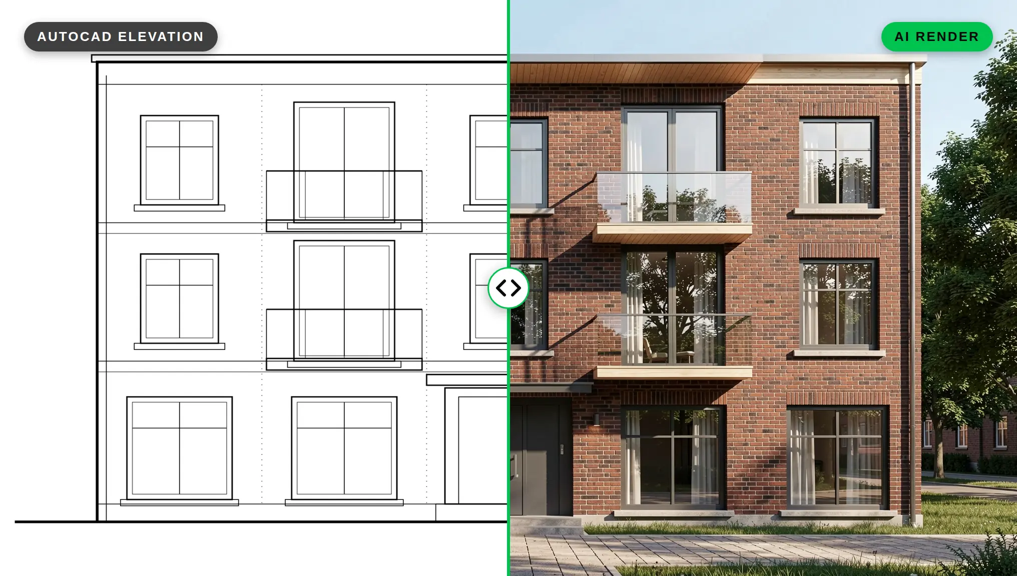 Geteiltes Bild: links eine schwarz-weiße AutoCAD-Vorderansicht eines dreigeschossigen Wohngebäudes, rechts dieselbe Ansicht gerendert mit Backstein, Glasbalkonen und dunklen Fensterrahmen in weichem Tageslicht