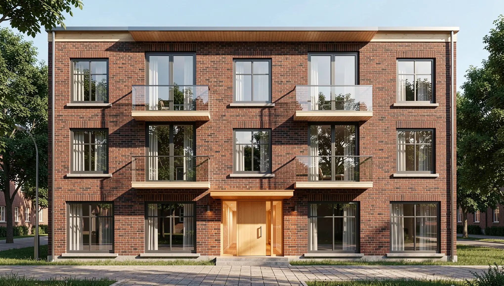 Dasselbe Rendering nach einer maskierten Bearbeitung: eine Holzeingangstür mit seitlichem Glaselement und einem Holzvordach