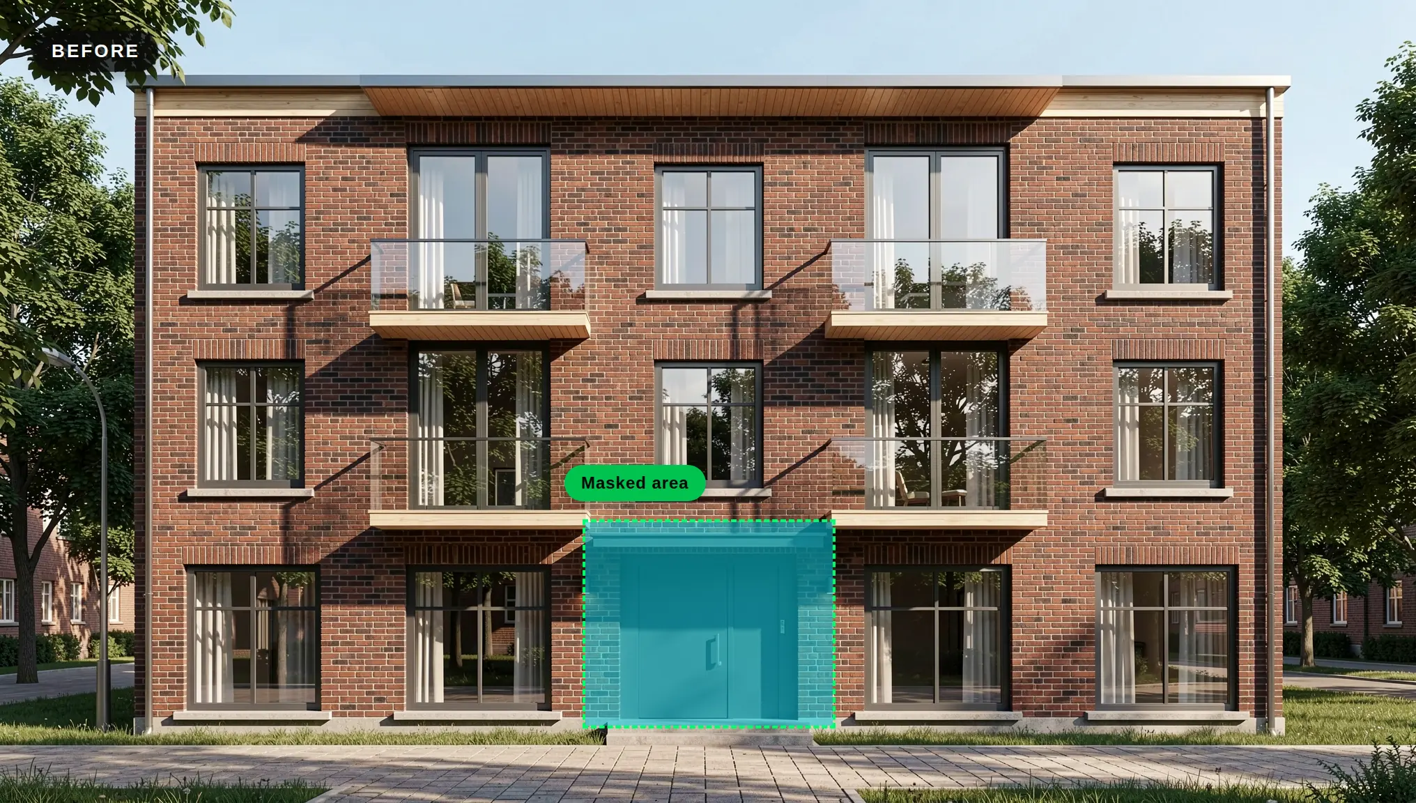 Der Eingang im Erdgeschoss des Renderings, mit einer Maske ausgewählt