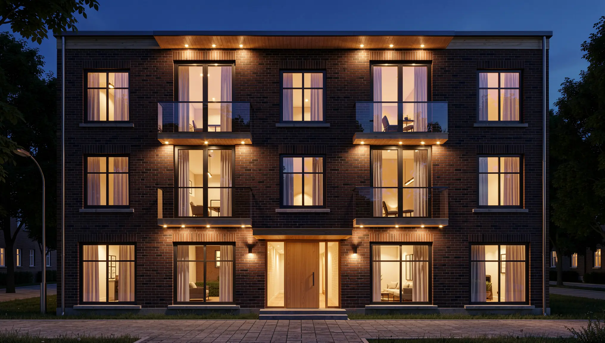 Nachtversion der gerenderten Ansicht mit warmem Licht in den Fenstern und beleuchteten Balkonen