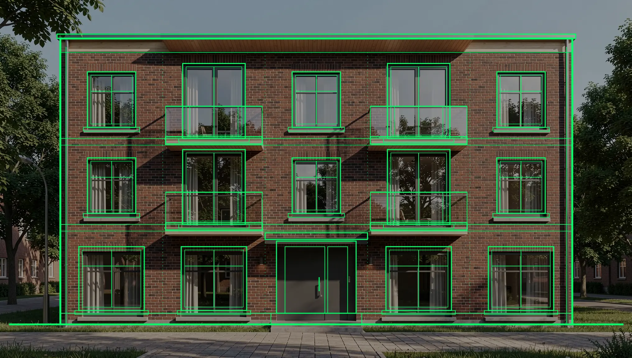 Das KI-Rendering mit den ursprünglichen AutoCAD-Linien darübergelegt, die zeigen, dass Fenster, Geschosslinien und Balkone übereinstimmen