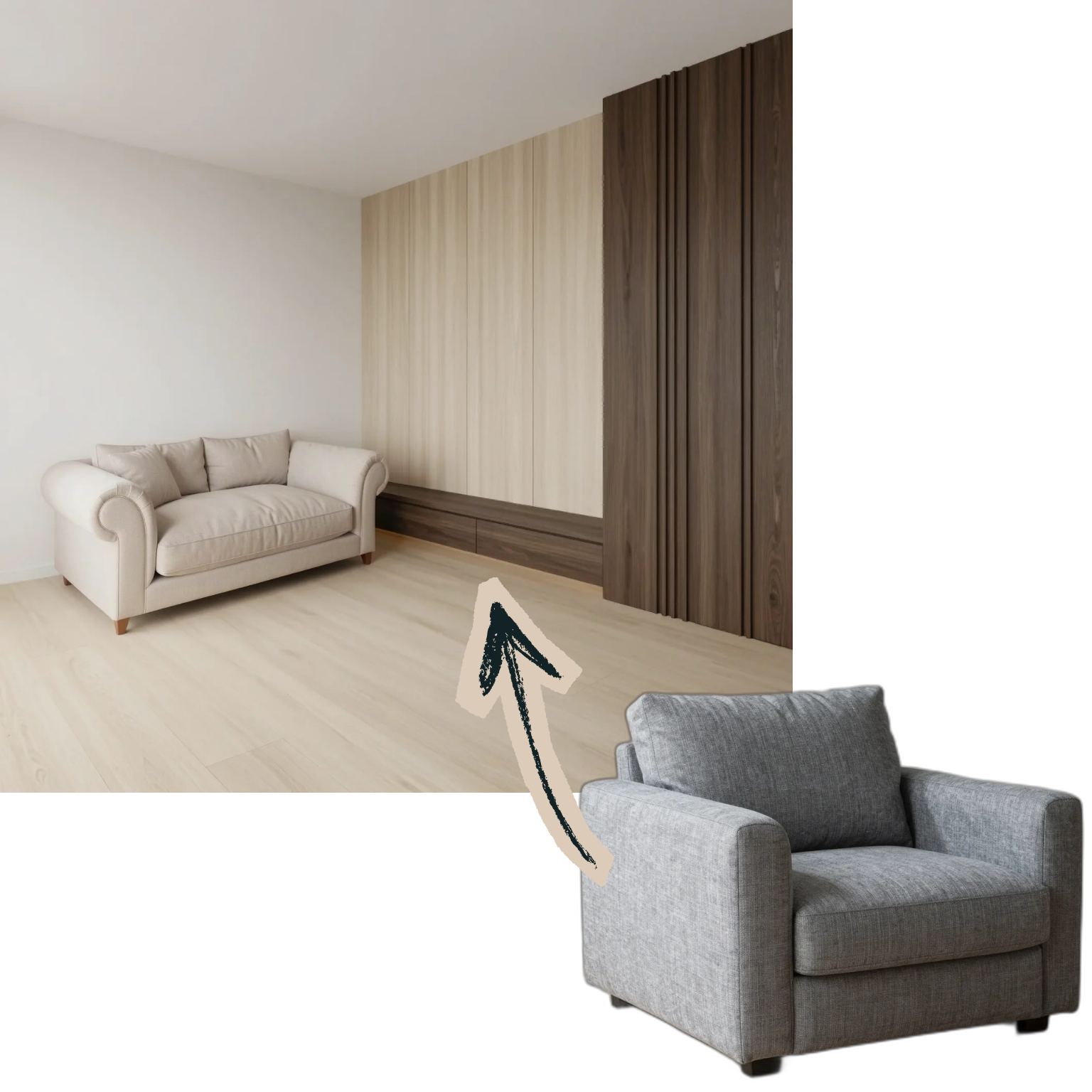 before and after comparison of AI object placement in a room photo