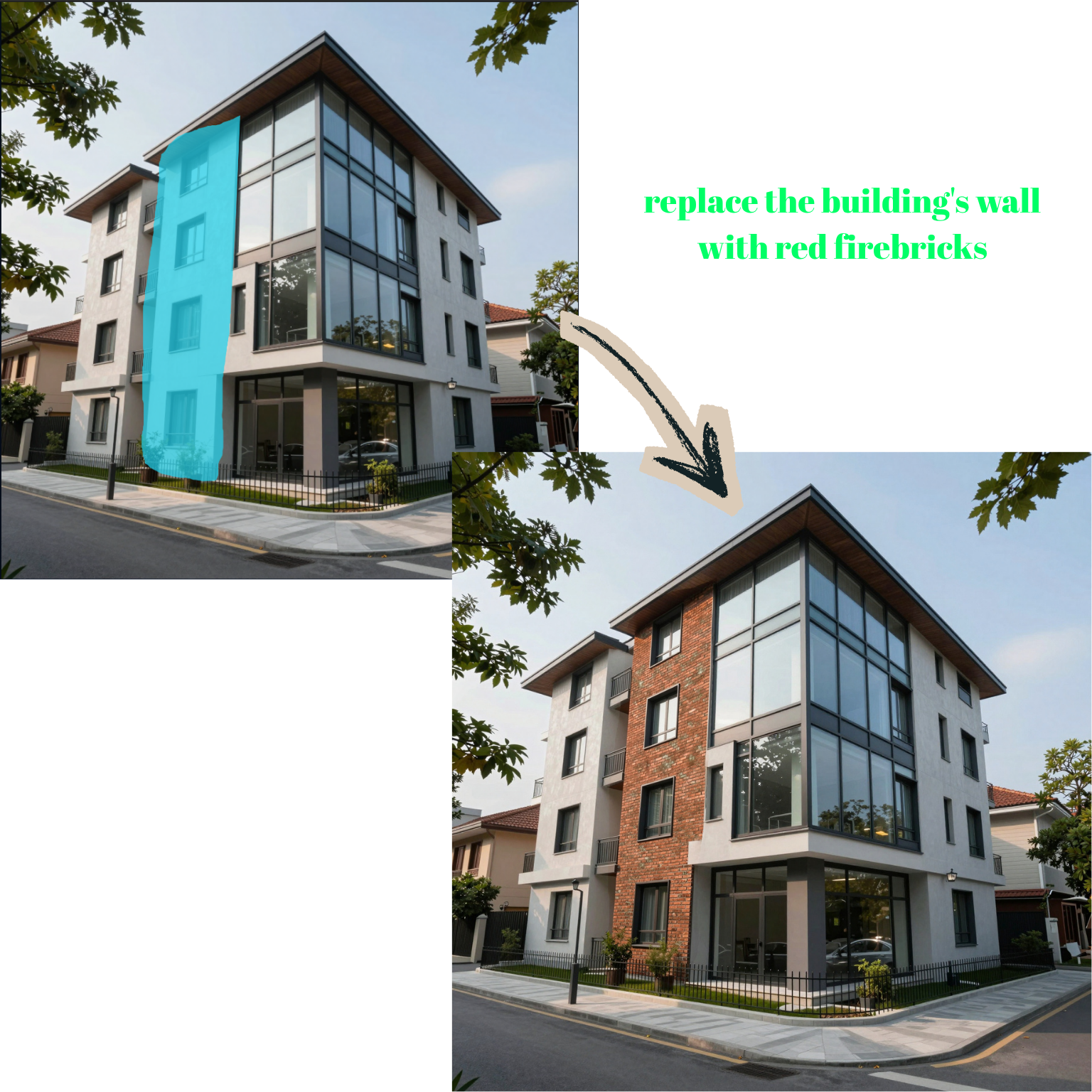 masked AI editing before and after, only the selected section of a building facade changed to brick
