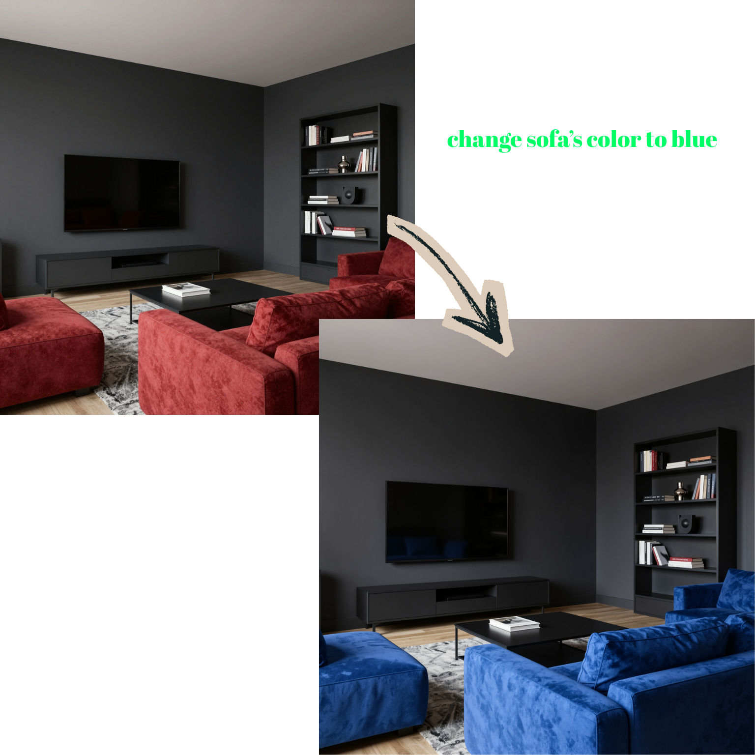 maskless AI editing before and after, sofa color changed to blue with a text prompt