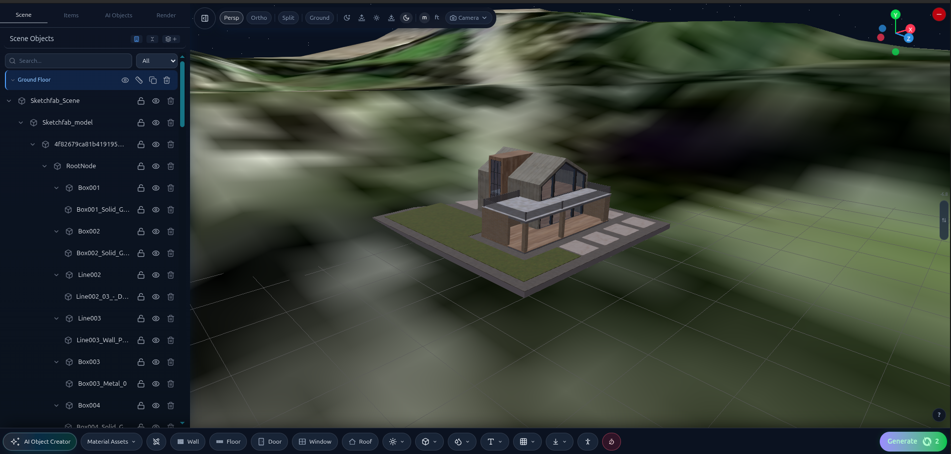 3D scene editor interface with an imported architectural model and terrain view