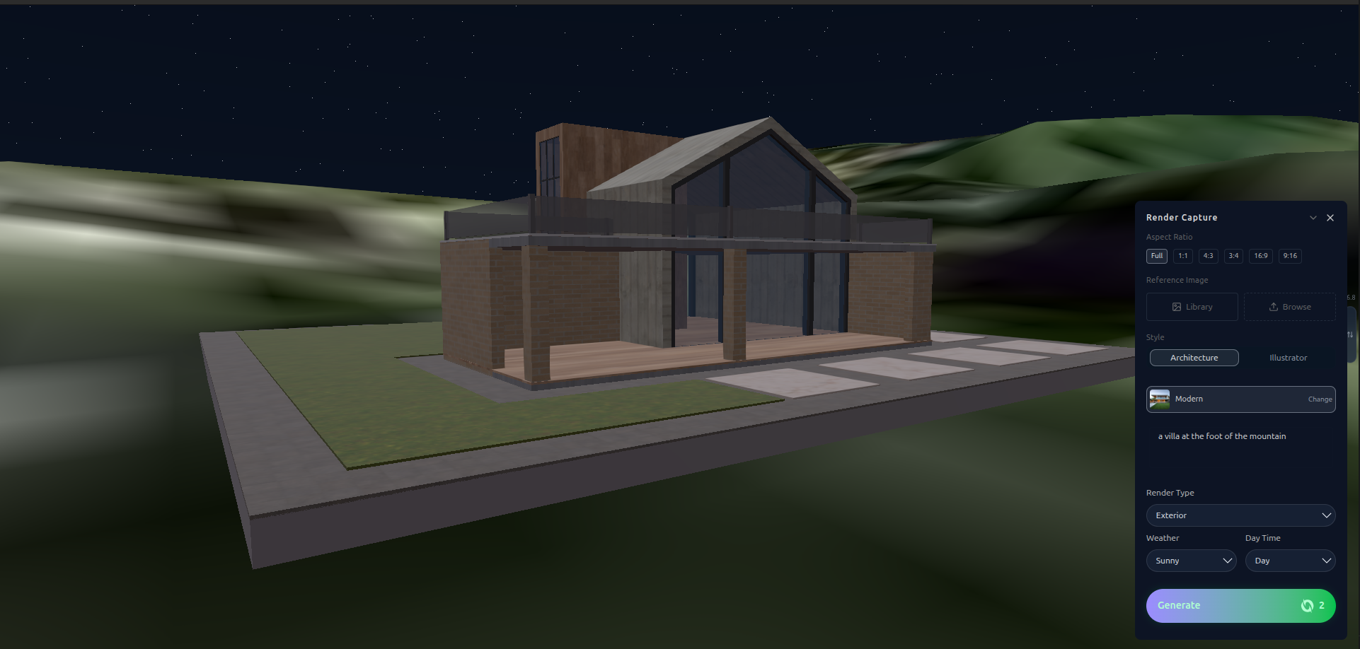 render preparation panel for a 3D scene, with style, weather, and time of day options