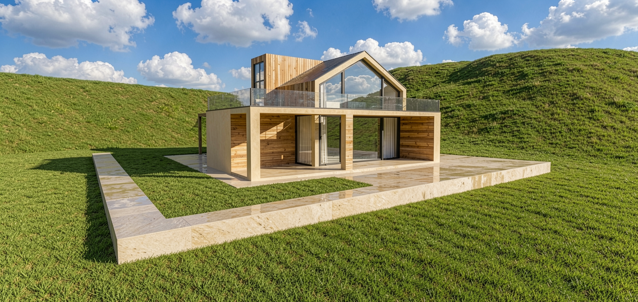 photorealistic render of a browser-built 3D scene, a wood-clad villa on hillside terrain