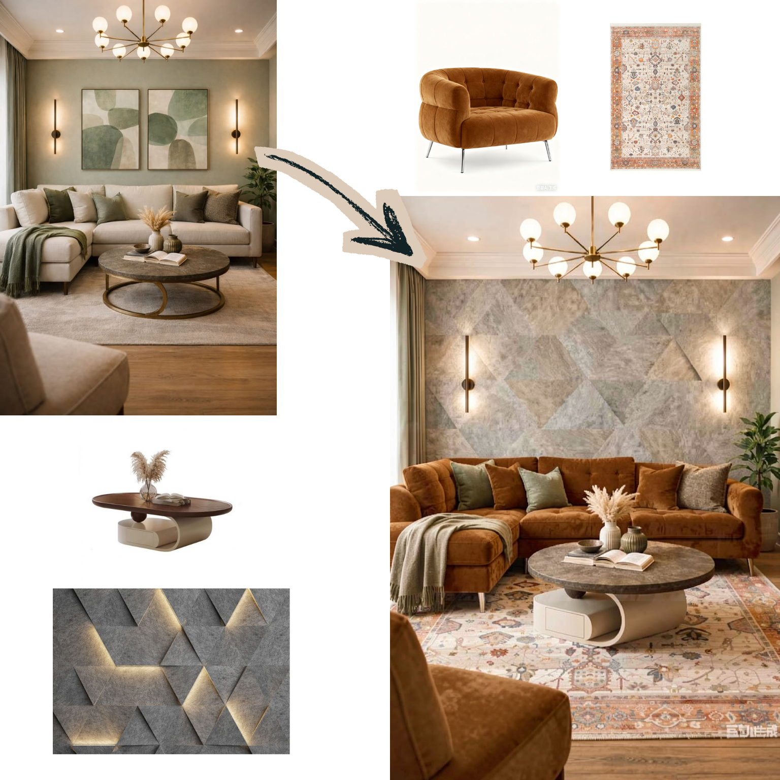 multi-reference AI editing example, four reference images combined into one living room render