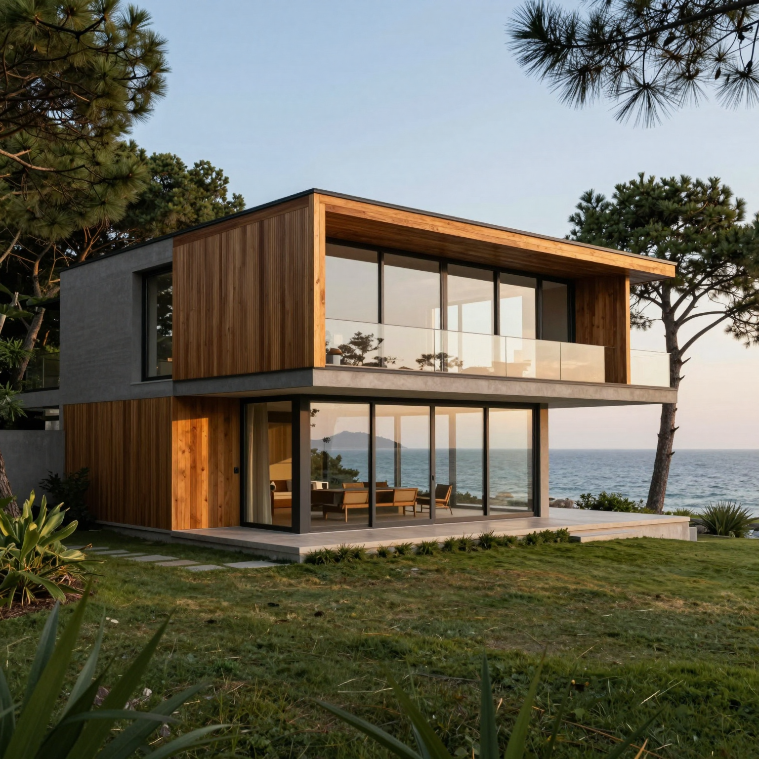 AI-generated modern coastal villa with wood facade and glass walls, exterior view