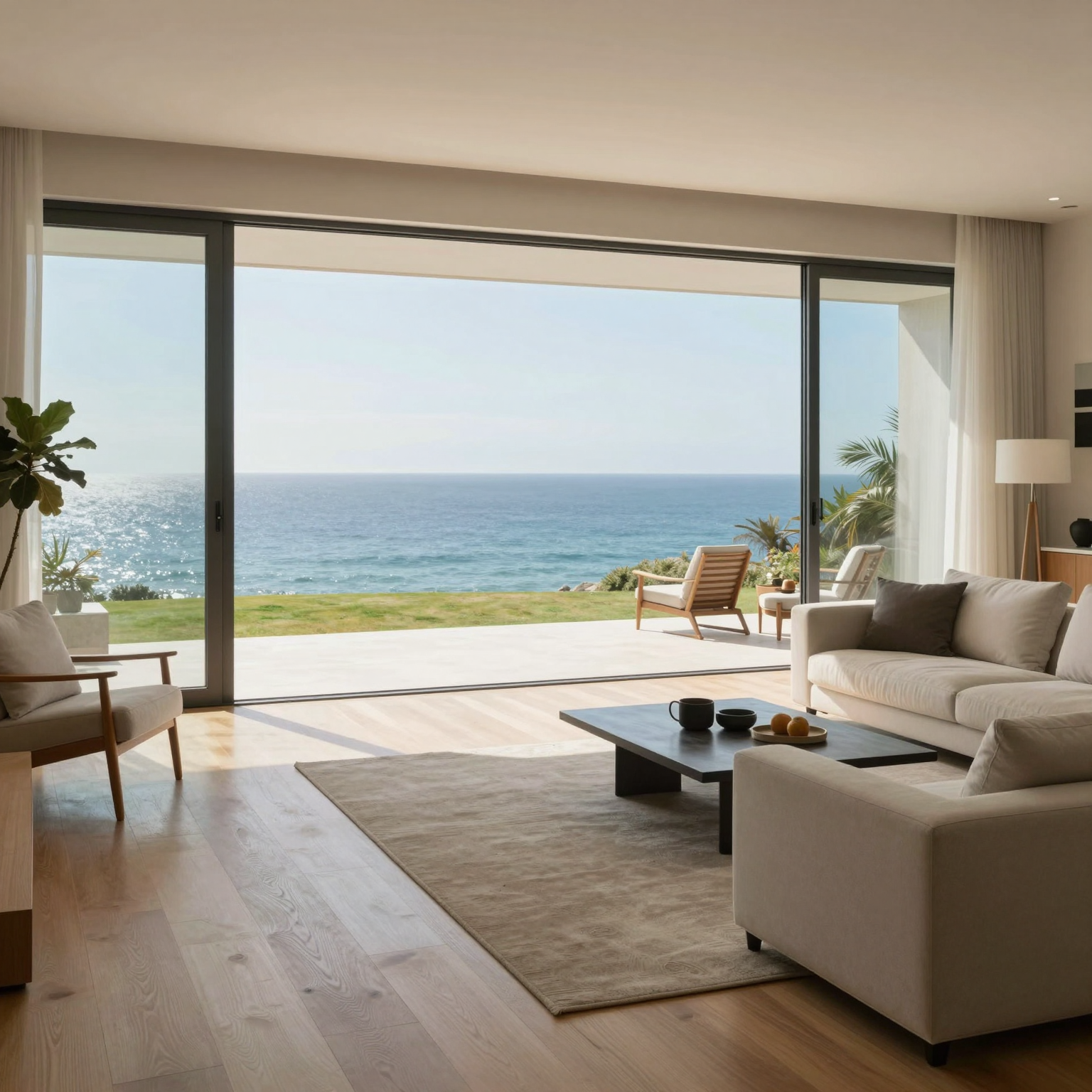 AI-generated modern coastal living room interior with ocean view, generated with the same architectural style