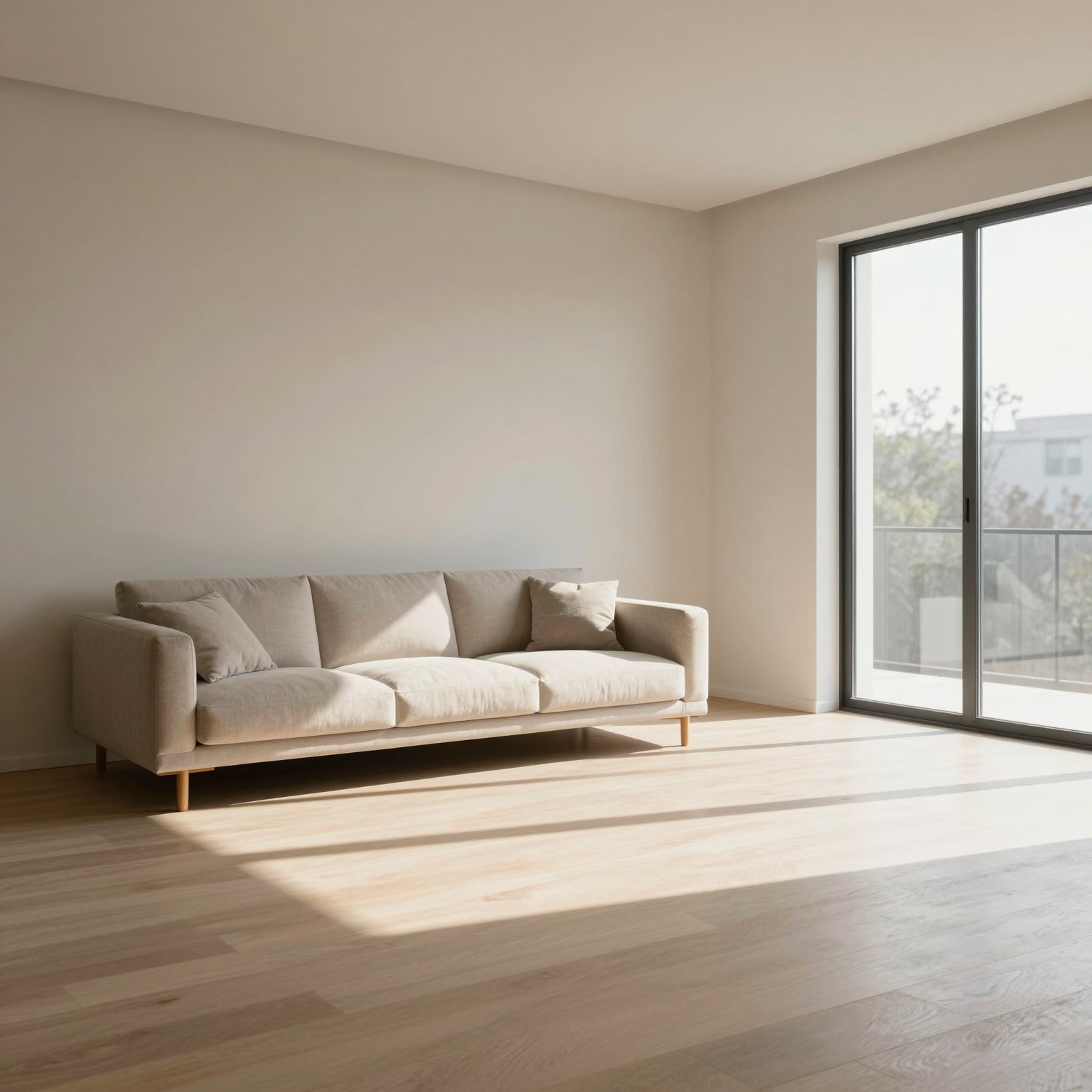 minimalist living room interior in daylight, starting frame
