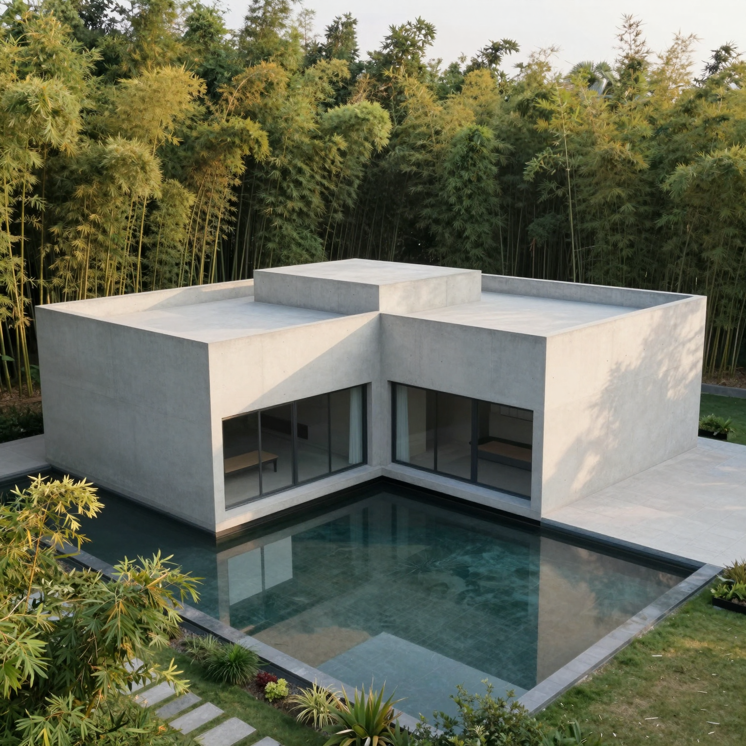 minimalist concrete courtyard house with reflecting pool, starting image for image-to-video generation