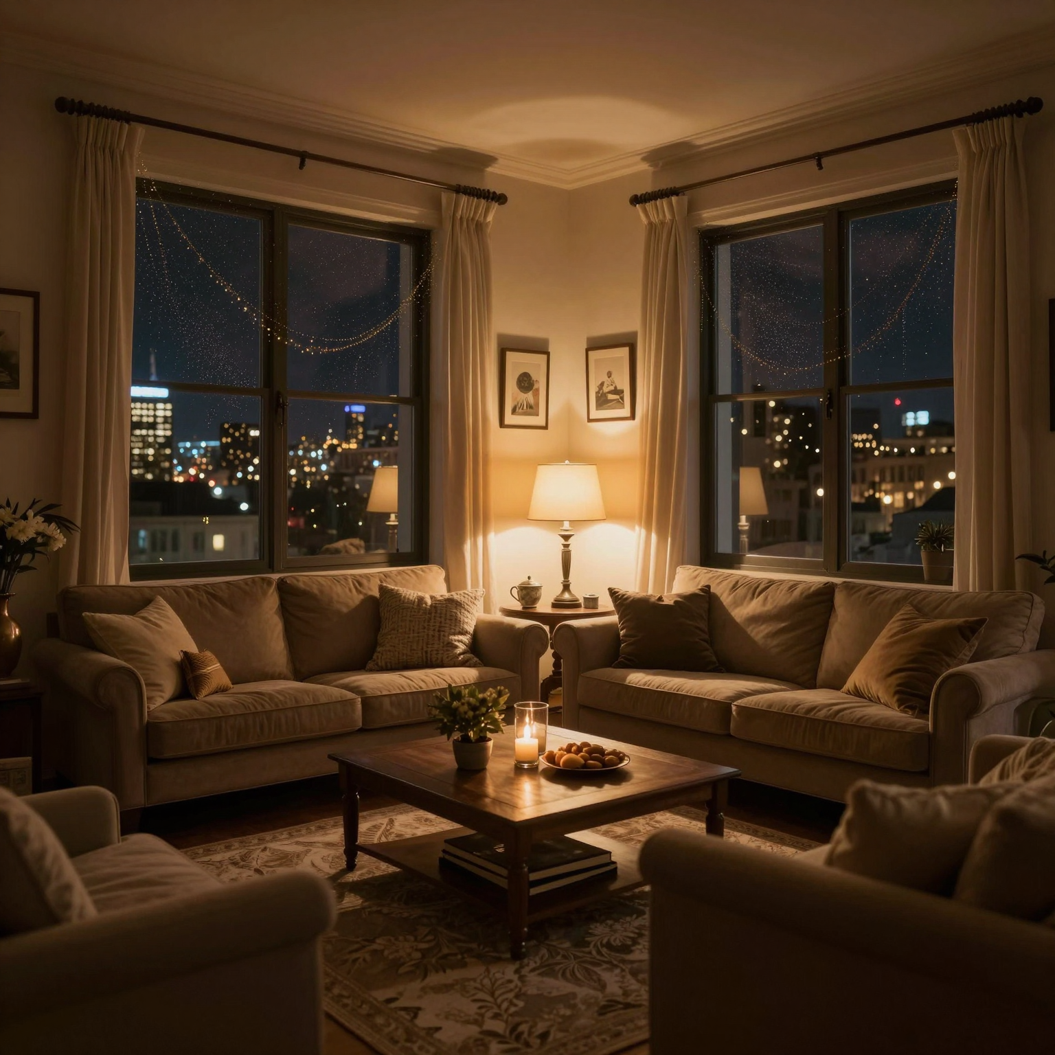same living room interior at night with warm lighting, ending frame