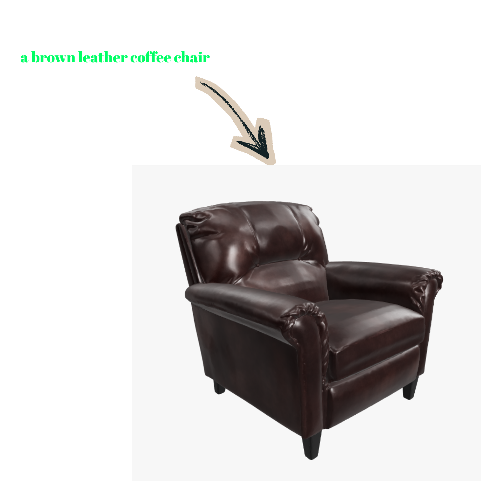 AI-generated 3D chair model from a text prompt only, no reference photo used