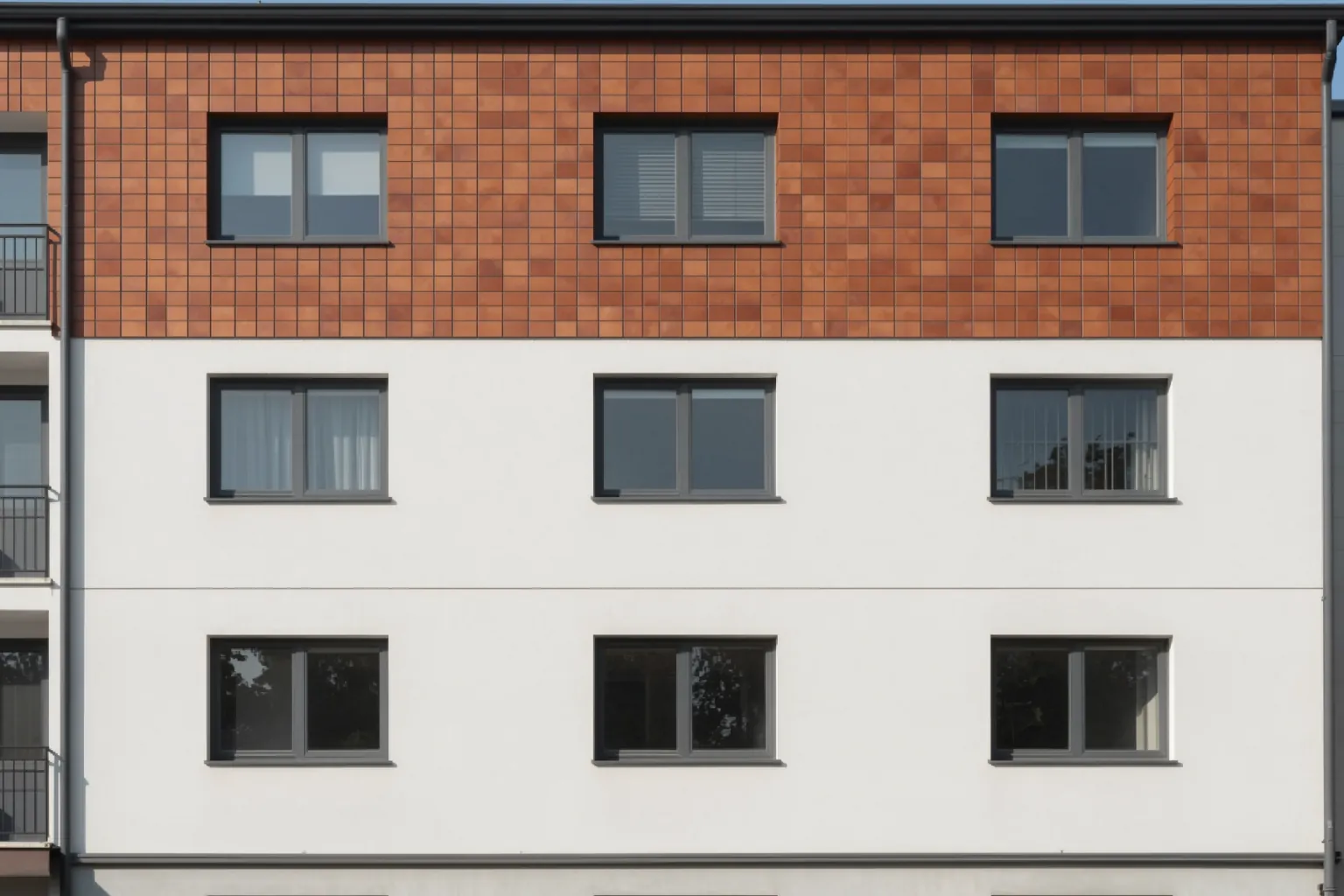 The same apartment facade with only the top floor changed to terracotta tile cladding using AI editing, lower floors unchanged