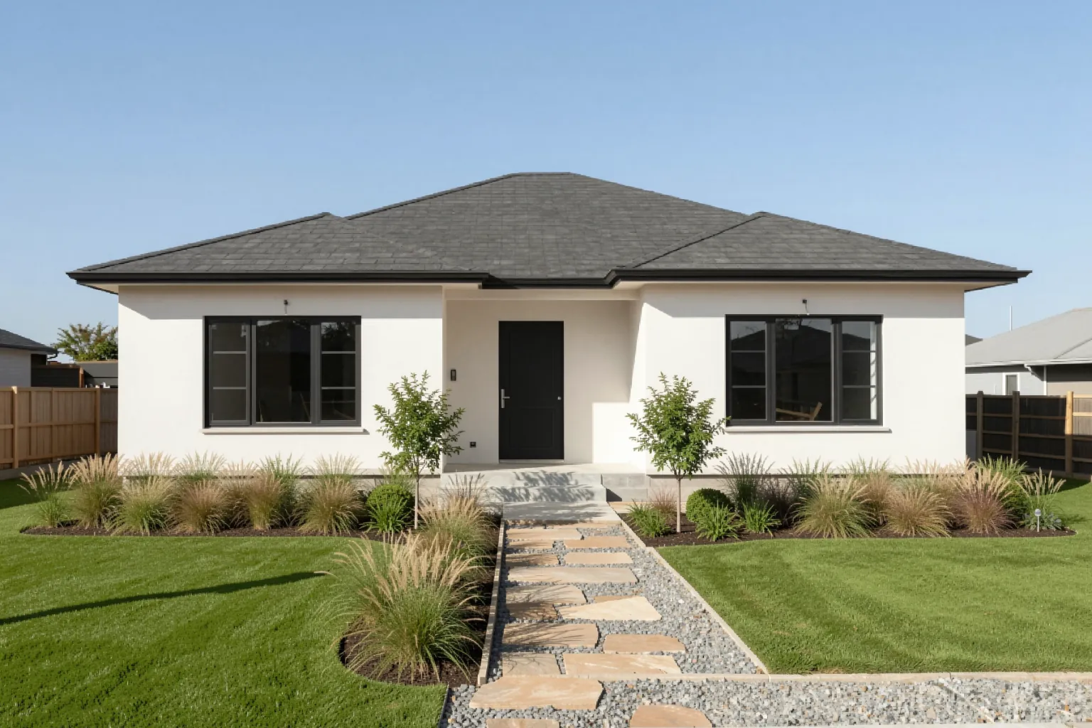 The same front yard with AI-generated landscaping: lawn, planting beds, stone path and small trees