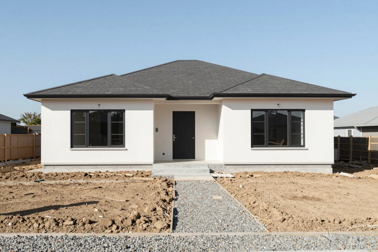 House front yard with bare soil and no landscaping before AI landscape design