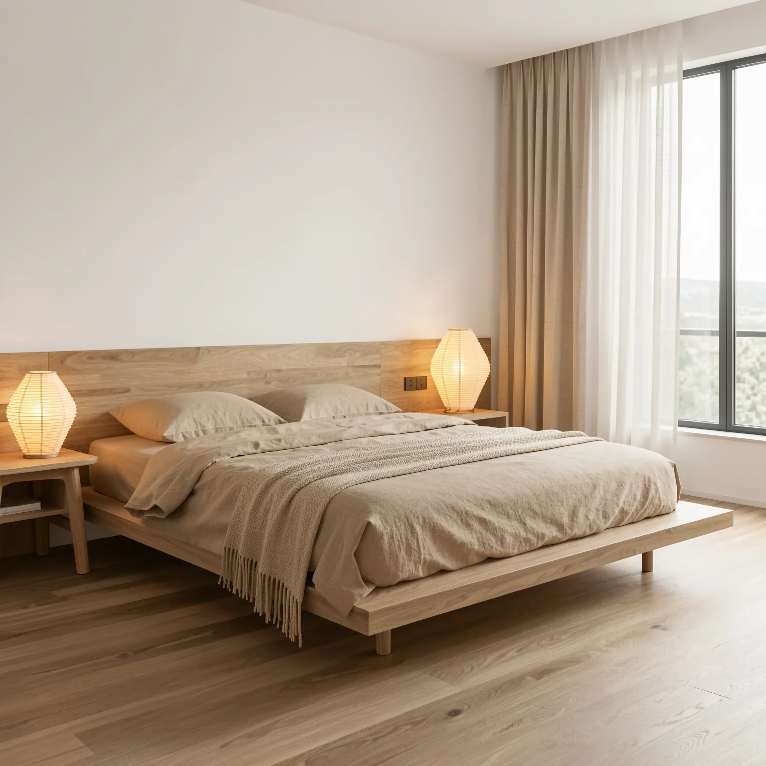 The same bedroom interior concept in Japandi style with natural wood and soft beige tones