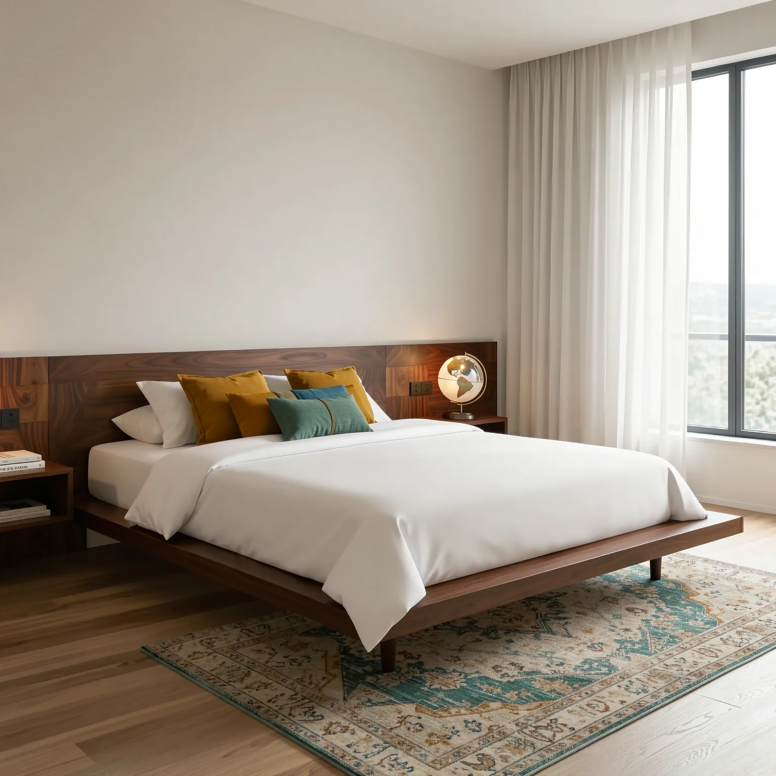 The same bedroom interior concept in mid-century modern style with walnut furniture