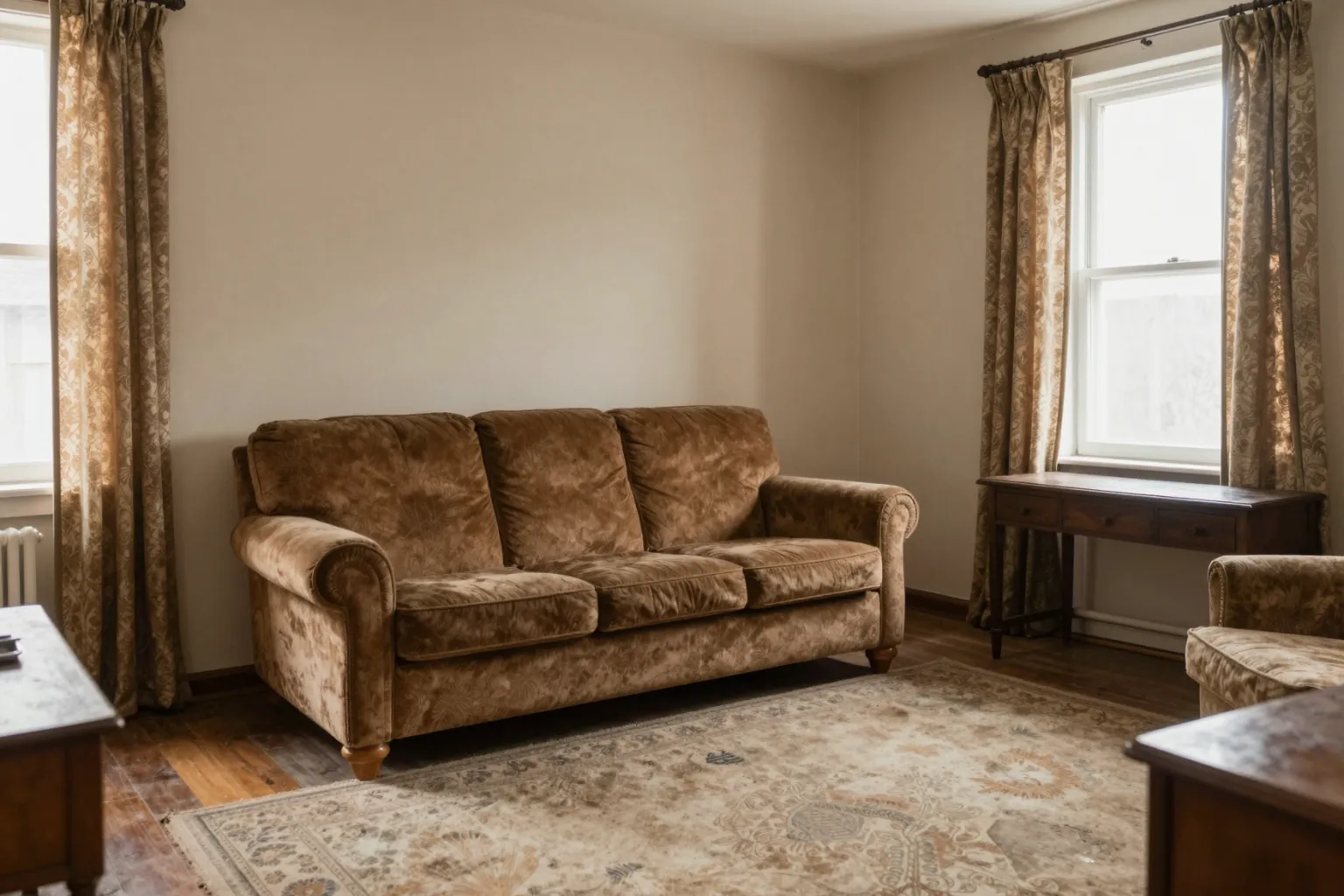 Dated living room with old furniture and beige walls before AI interior redesign