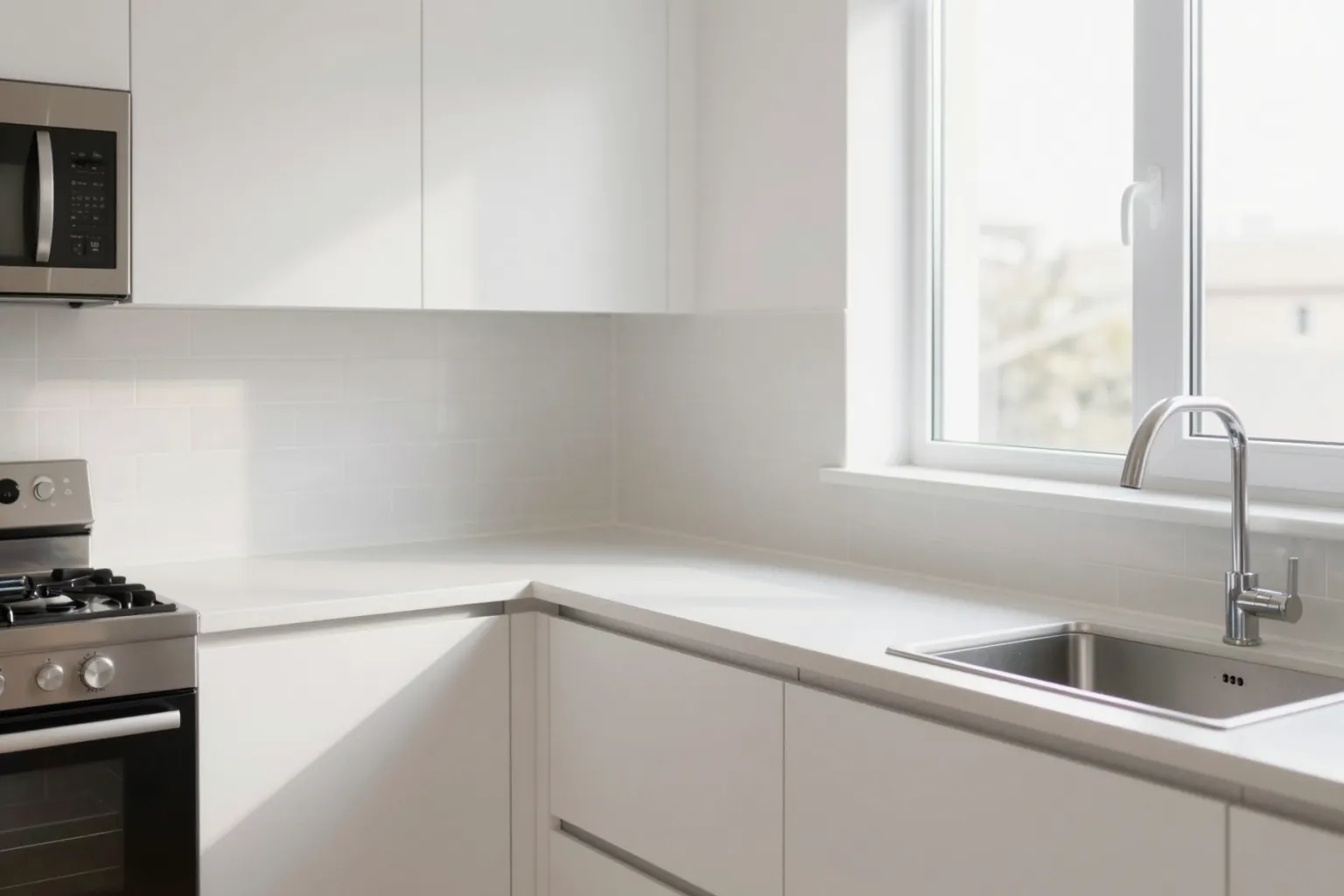 Kitchen with white cabinets before an AI material change