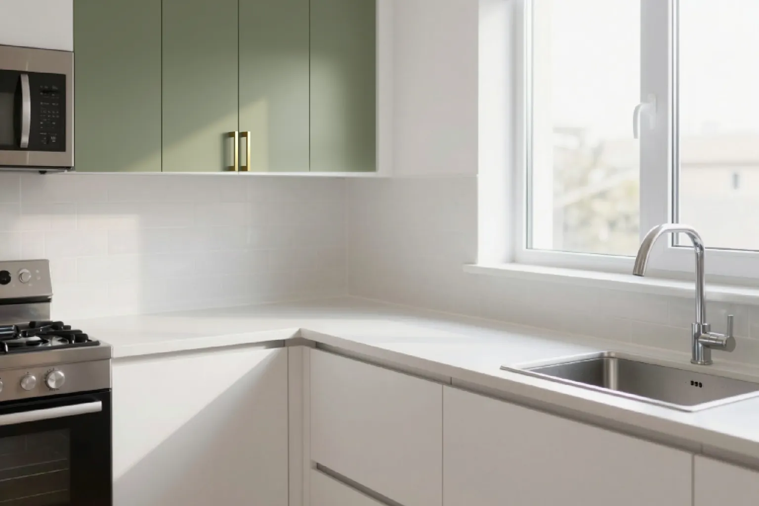 The same kitchen with only the upper cabinets changed to sage green with brass handles using masked AI editing, everything else unchanged