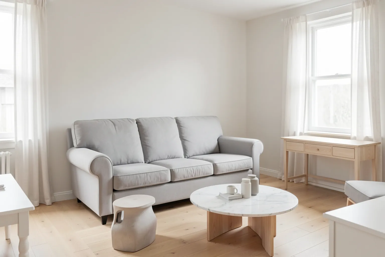 The same living room redesigned with AI in a contemporary style, same layout and camera angle
