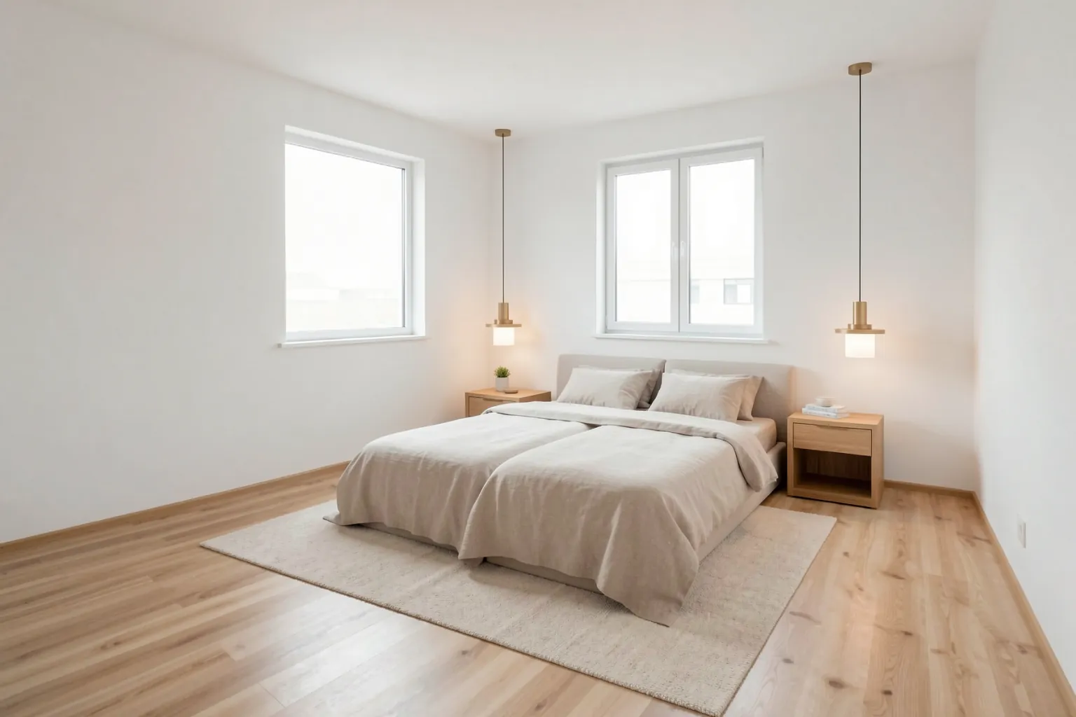 The same bedroom furnished in Scandinavian style with AI virtual staging