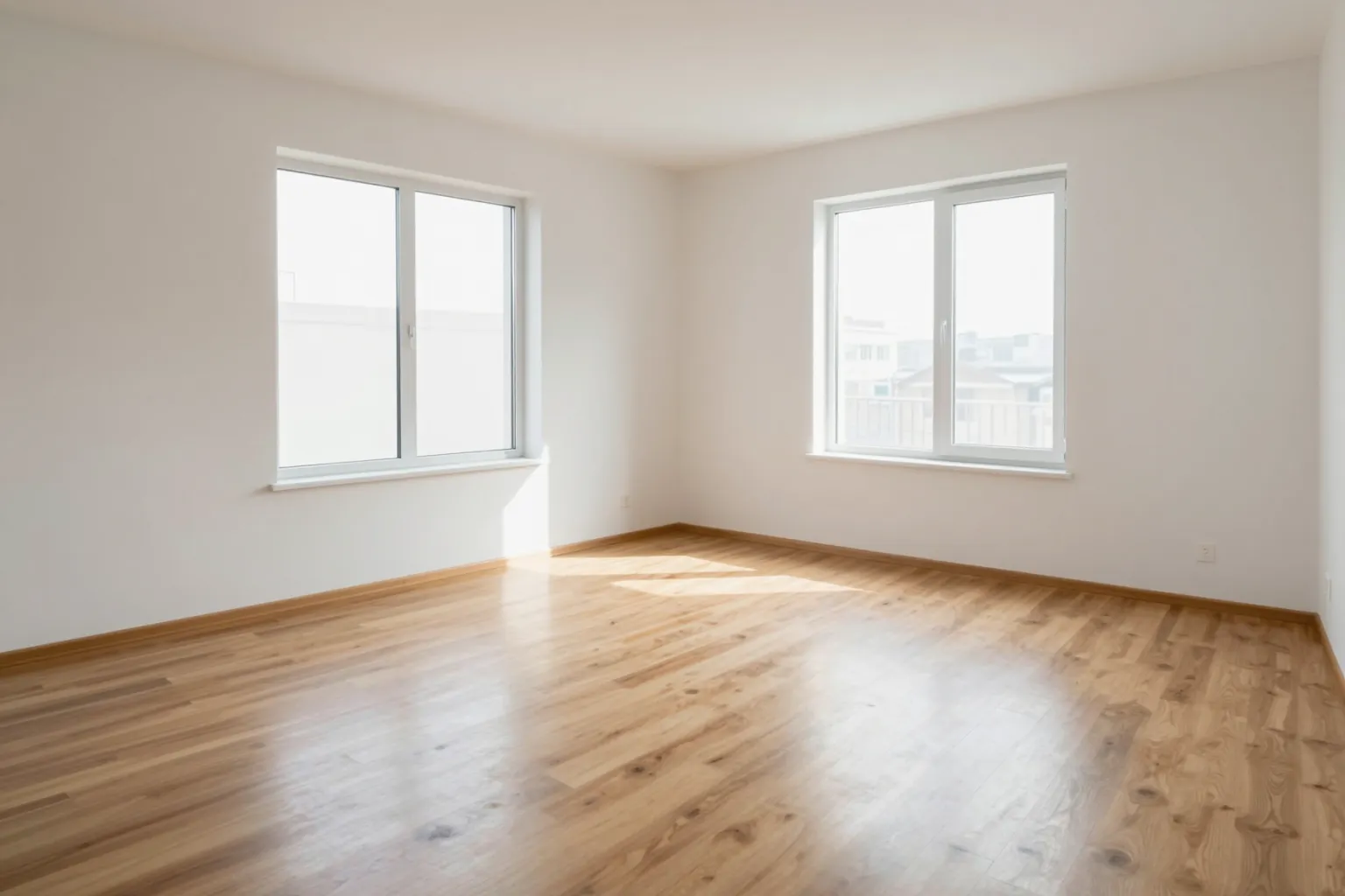 Empty apartment living room with wooden floor and two windows before virtual staging