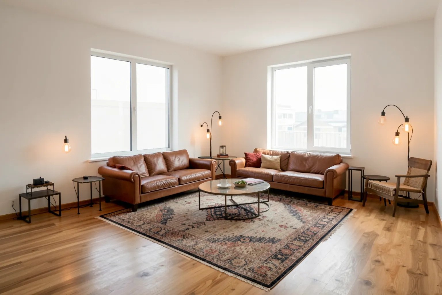 The empty living room staged in industrial style with a leather sofa and metal accents